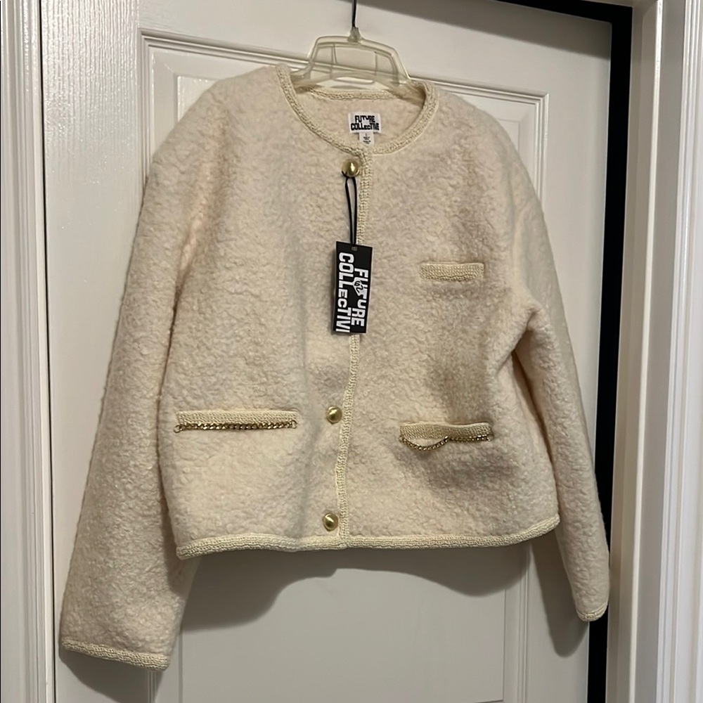 NWT Future Collective Cream Textured Jacket with Gold Accents